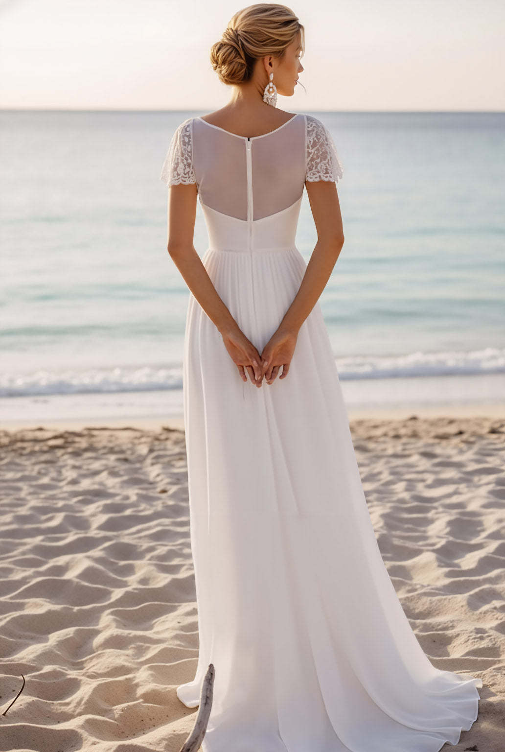 White Chiffon Sheath Long Beach Wedding Dress with Lace