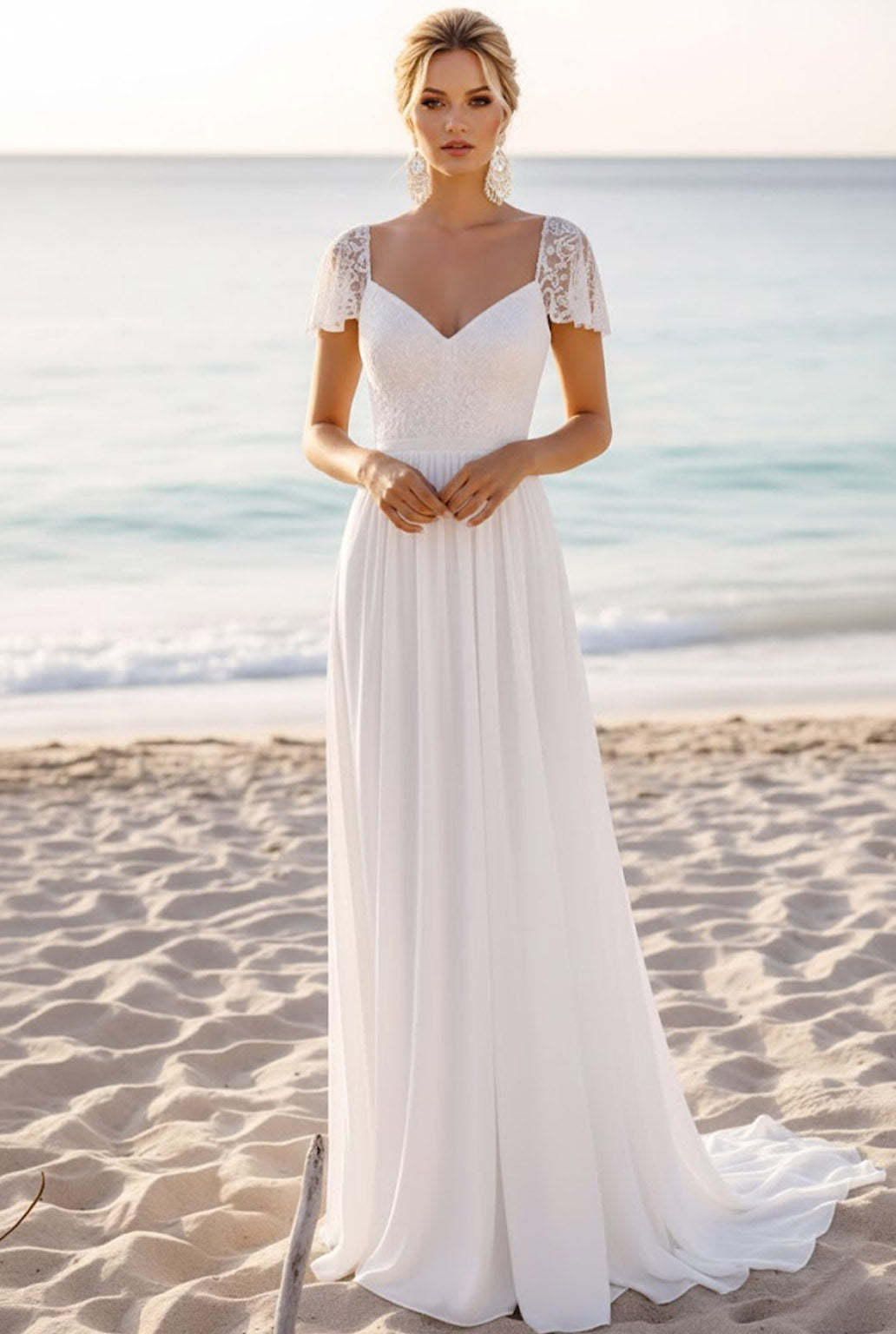 Leely Women White Chiffon Long Beach Wedding Dress with Lace Sheath V-Neck Cap Sleeves Boho Bridal Dress
