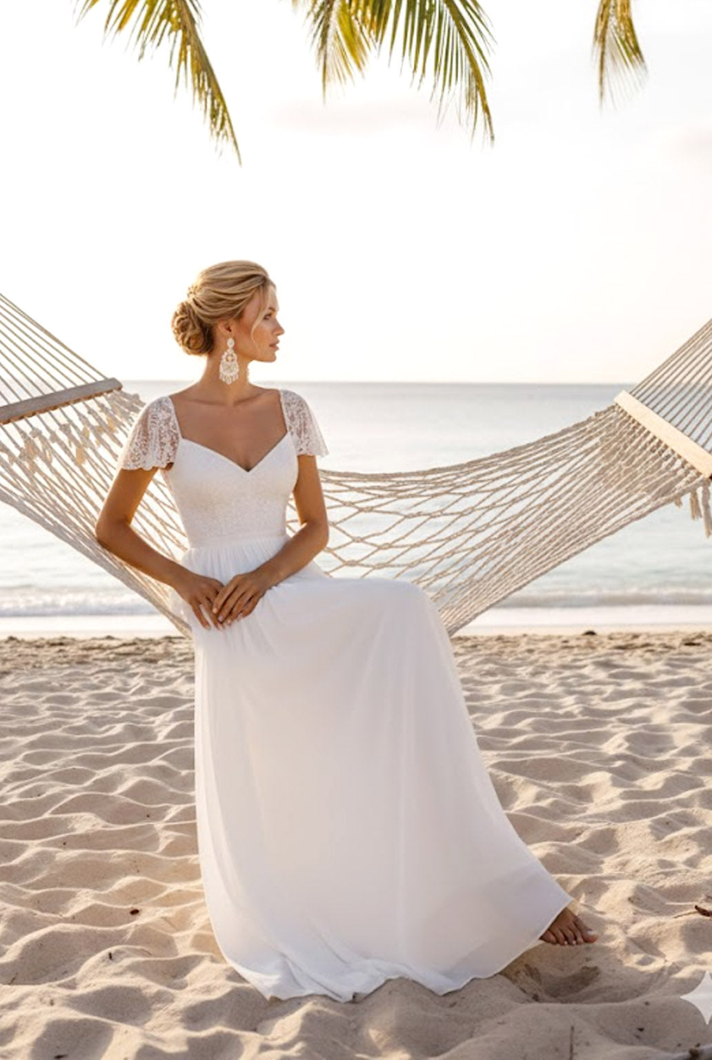 White Chiffon Sheath Long Beach Wedding Dress with Lace