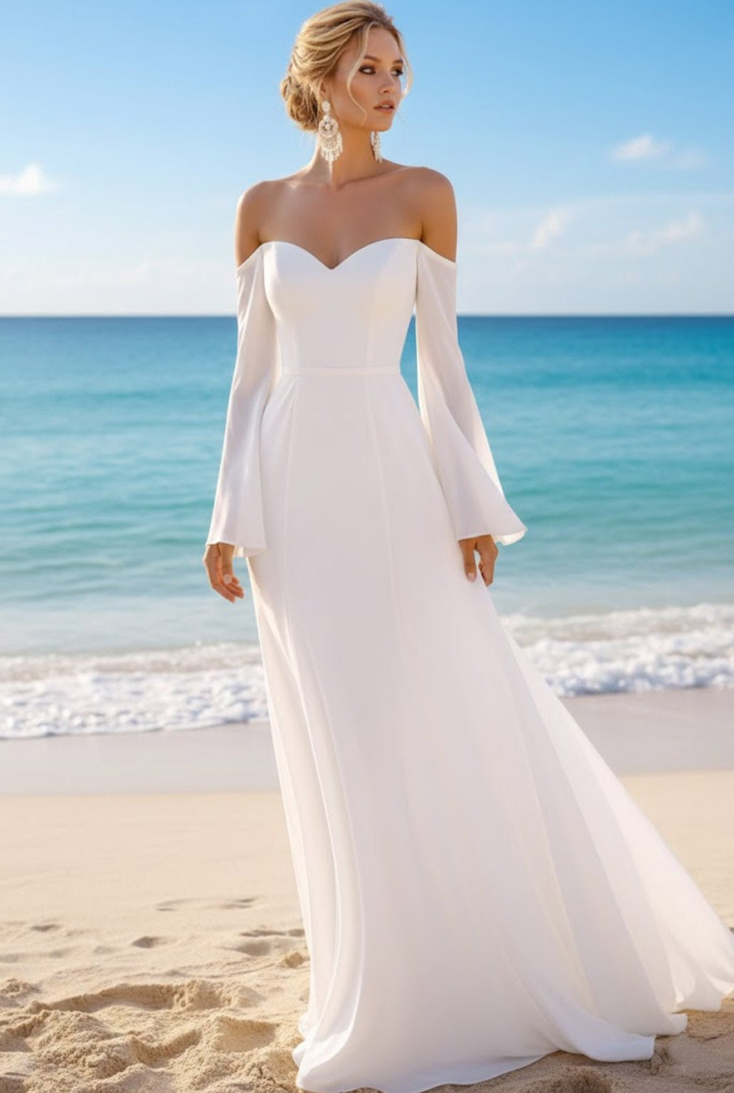 White Chiffon Off the Shoulder Flare Sleeves Long Beach Wedding Dress