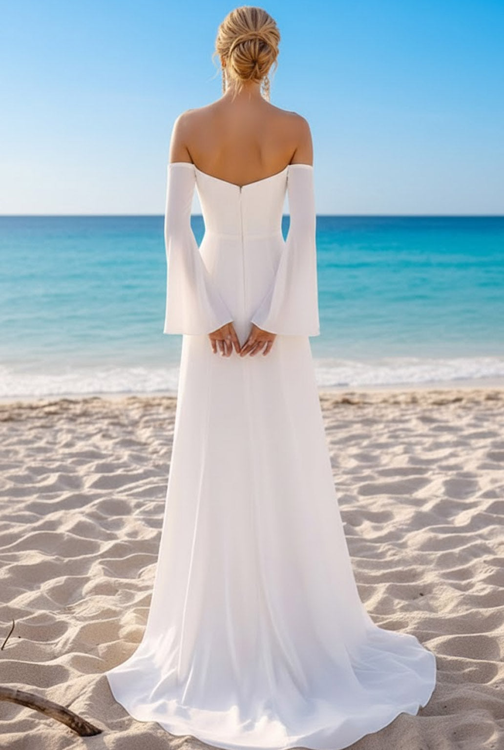 White Chiffon Off the Shoulder Flare Sleeves Long Beach Wedding Dress