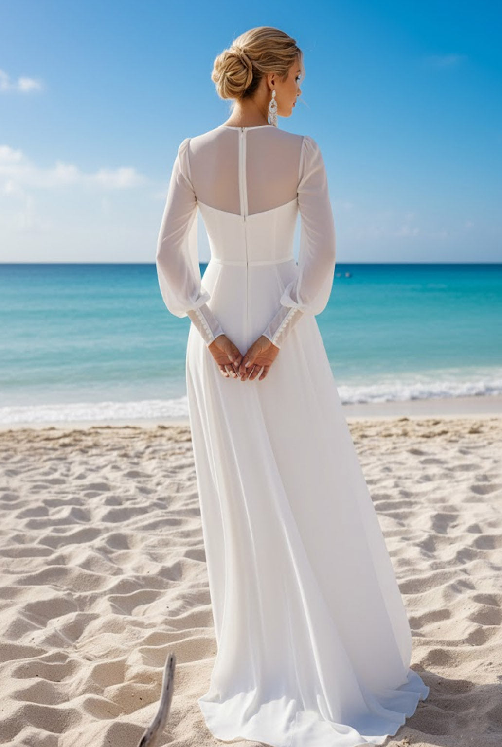 White Chiffon Crew Neck Long Beach Wedding Dress with Sleeves