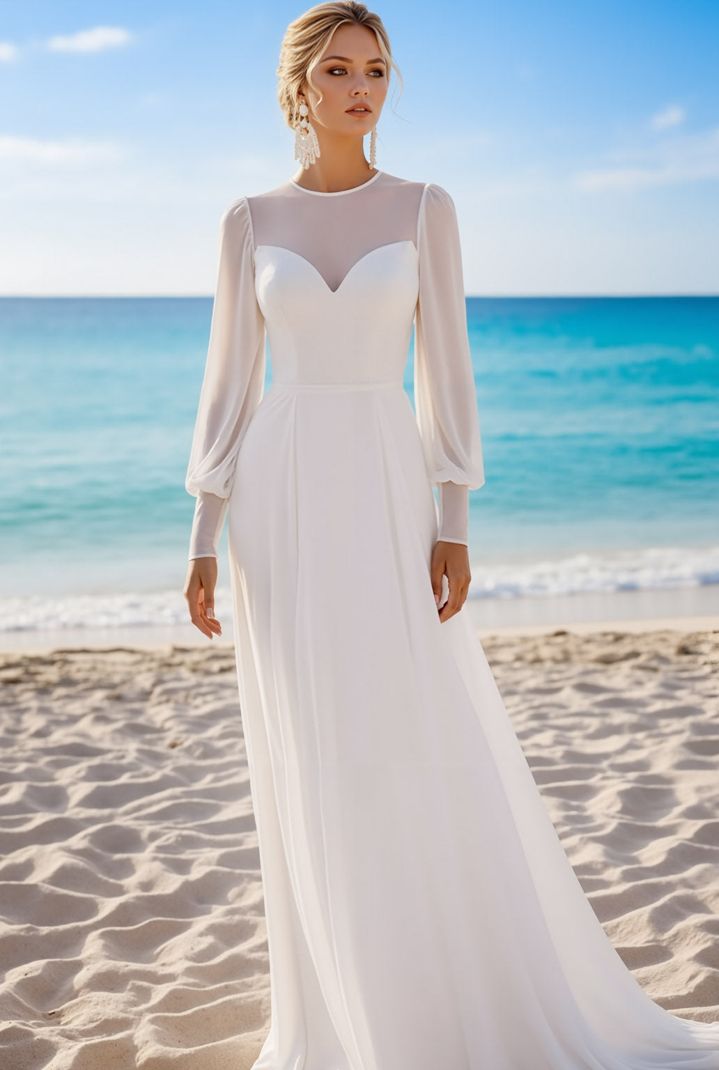 Leely Women White Chiffon Long Beach Wedding Dress Sheath Crew Neck Boho Bridal Dress with Sleeves