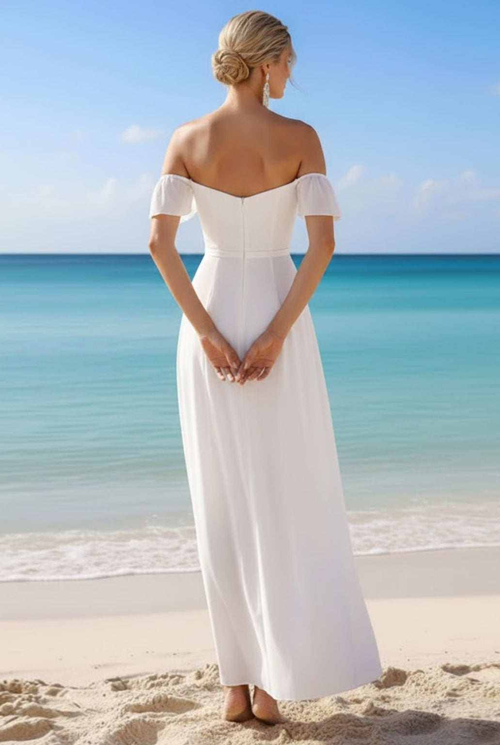 White Chiffon Sheath Off the Shoulder Long Beach Wedding Dress