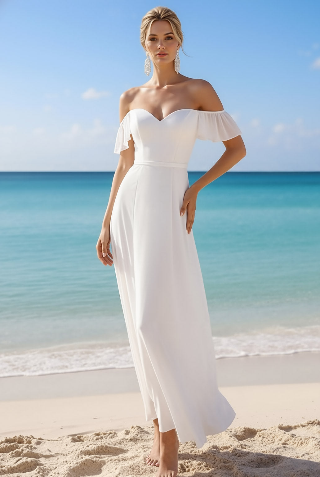 White Chiffon Sheath Off the Shoulder Long Beach Wedding Dress