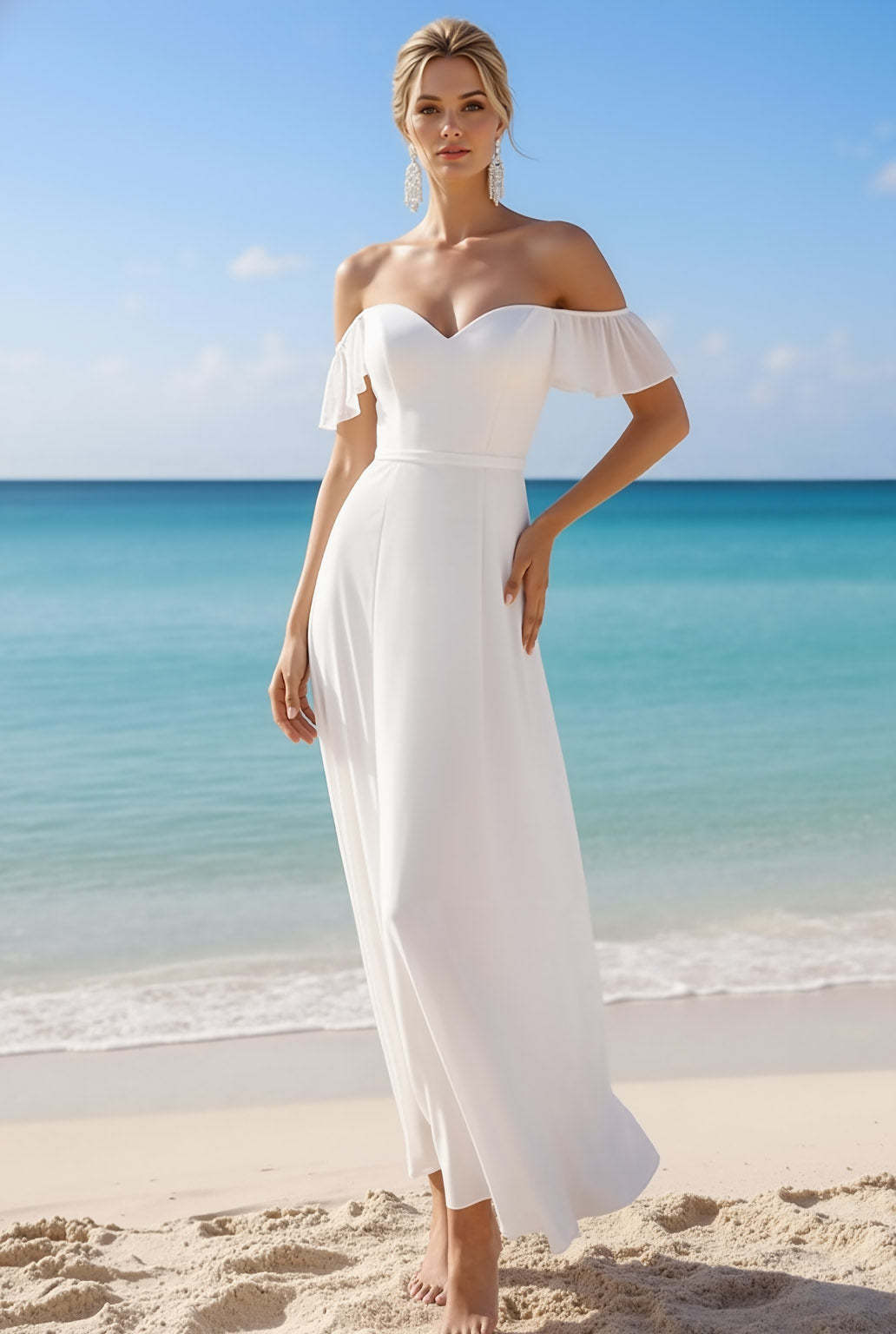 White Chiffon Sheath Off the Shoulder Long Beach Wedding Dress