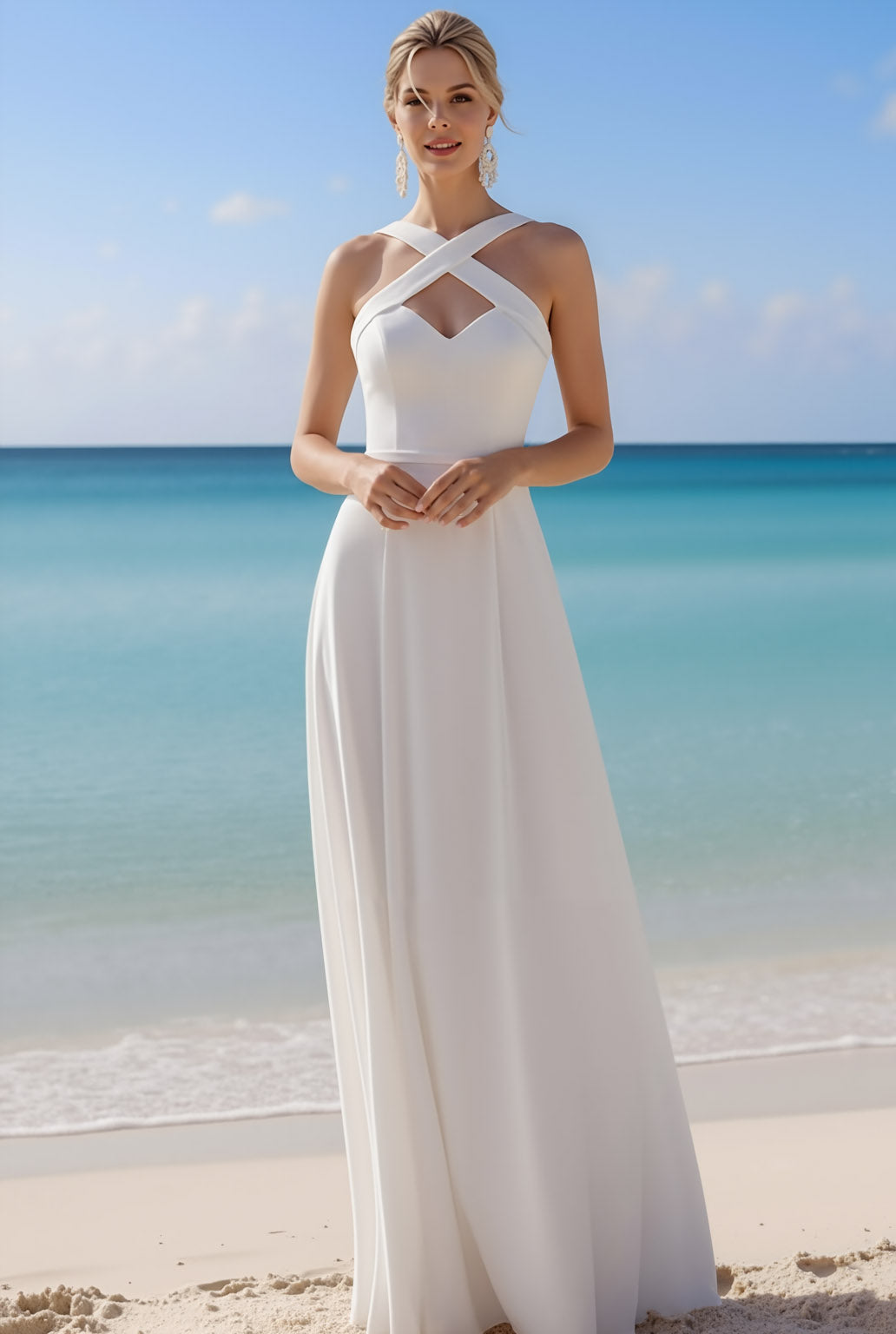 Leely Women White Chiffon Cross Neck Long Beach Wedding Dress Sheath Backless Boho Bridal Dress