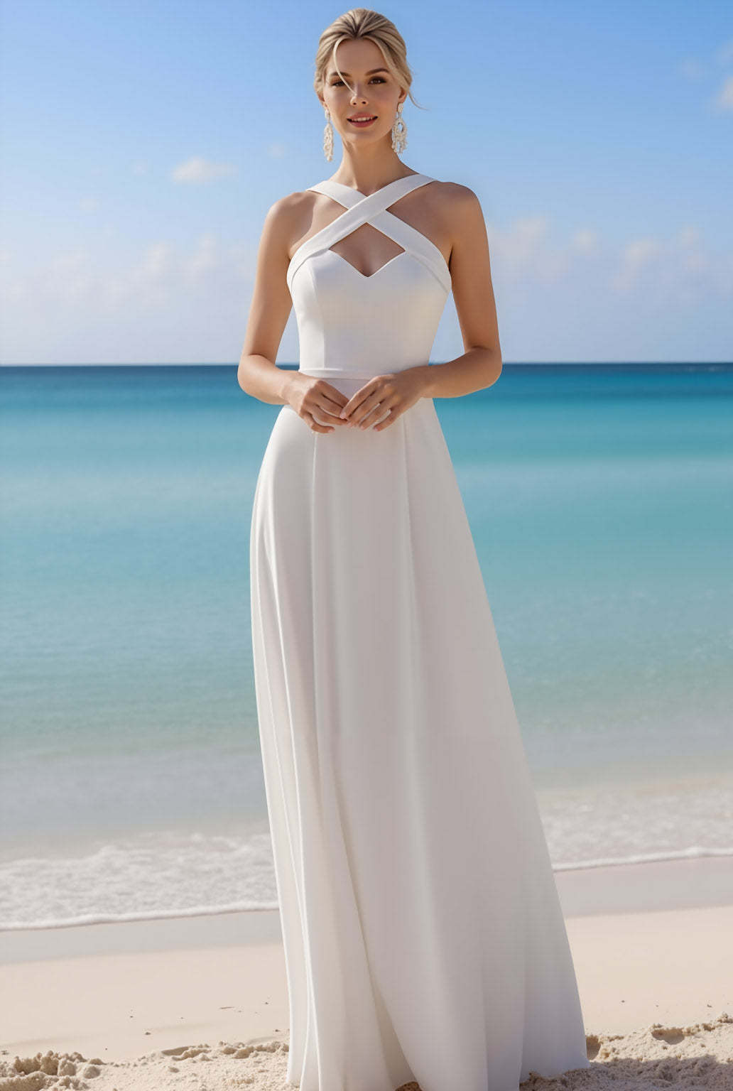 Leely Women White Chiffon Cross Neck Long Beach Wedding Dress Sheath Backless Boho Bridal Dress