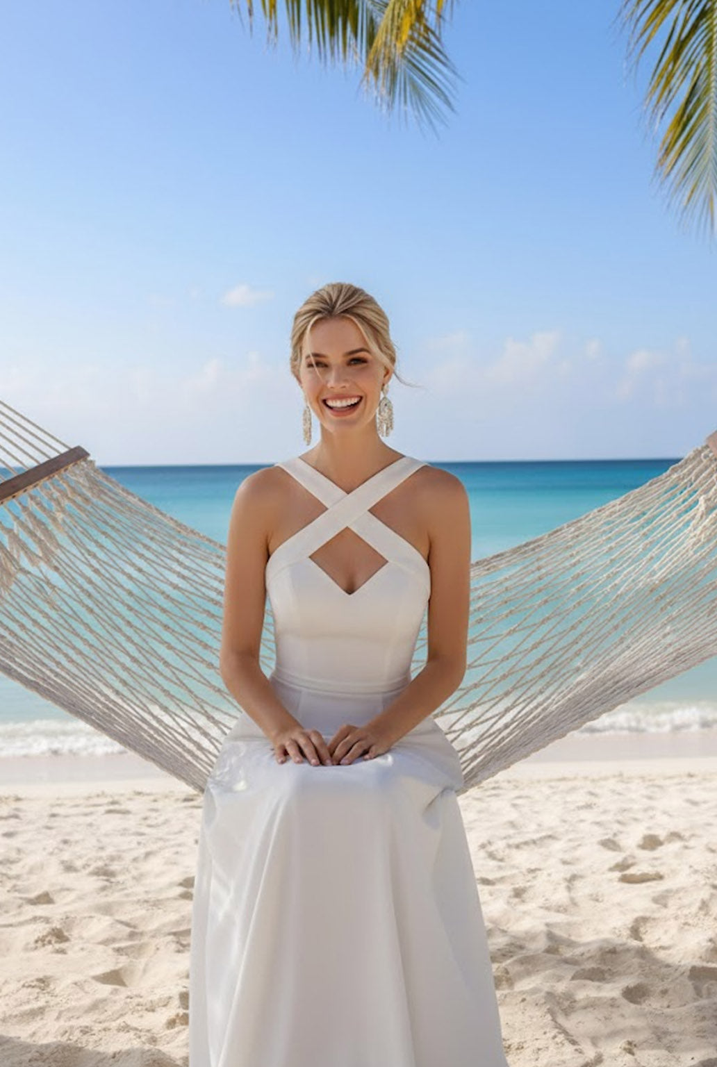 White Chiffon Sheath Cross Neck Long Beach Wedding Dress