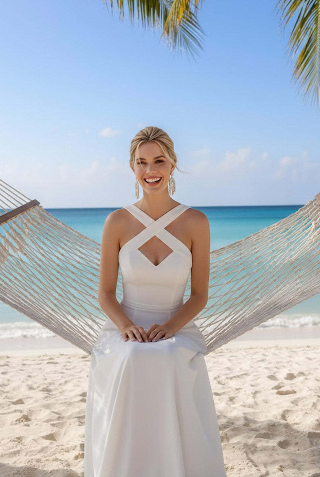 White Chiffon Sheath Cross Neck Long Beach Wedding Dress