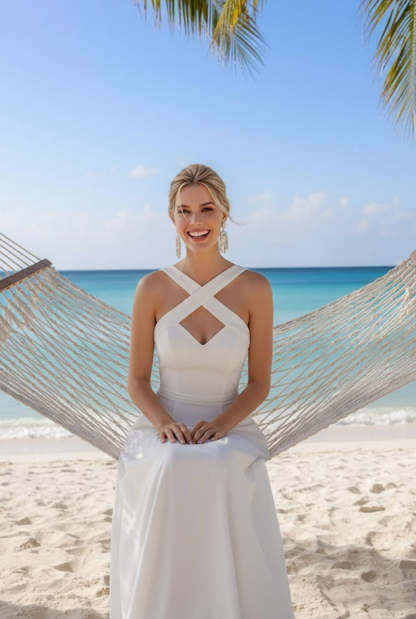 White Chiffon Sheath Cross Neck Long Beach Wedding Dress