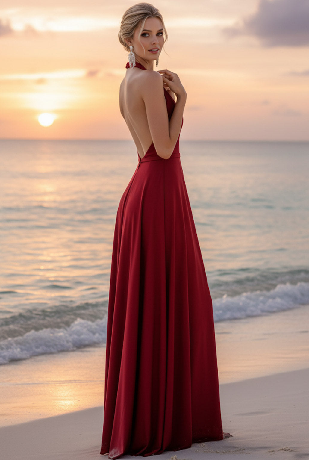 Burgundy Halter Neck Sheath Backless Long Bridesmaid Dress