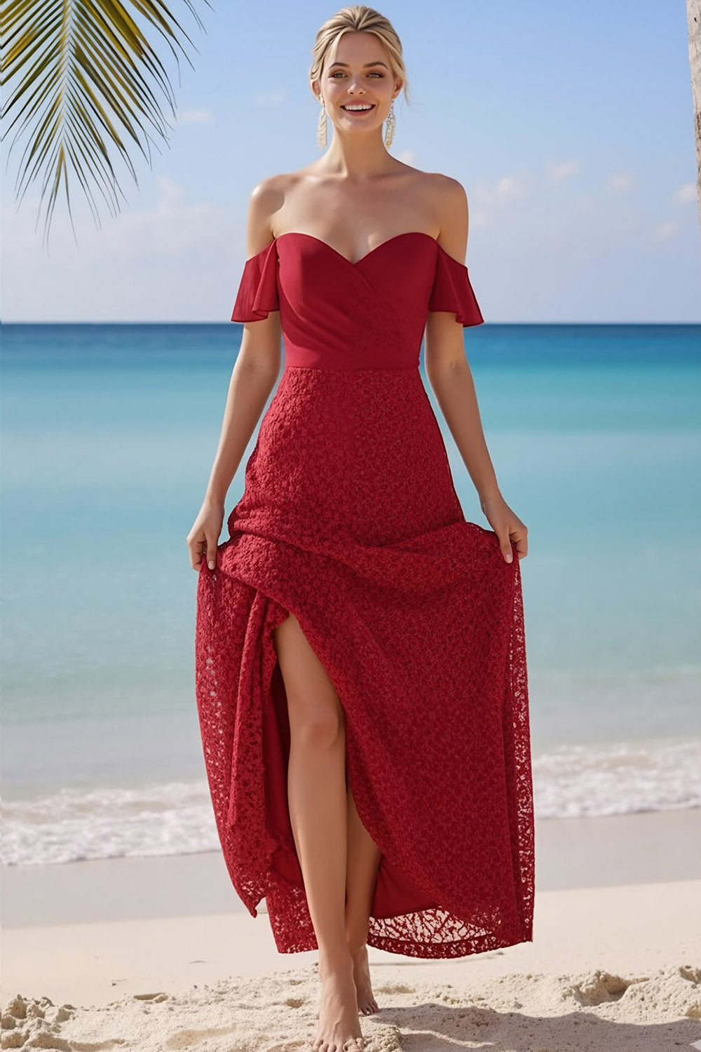 Burgundy Lace Off the Shoulder Long Bridesmaid Dress with Slit