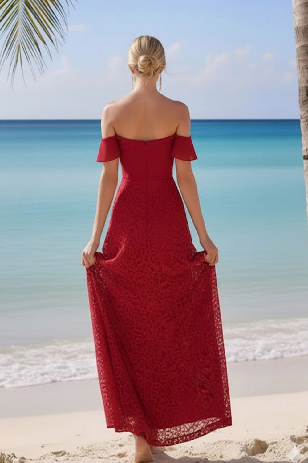 Burgundy Lace Off the Shoulder Long Bridesmaid Dress with Slit