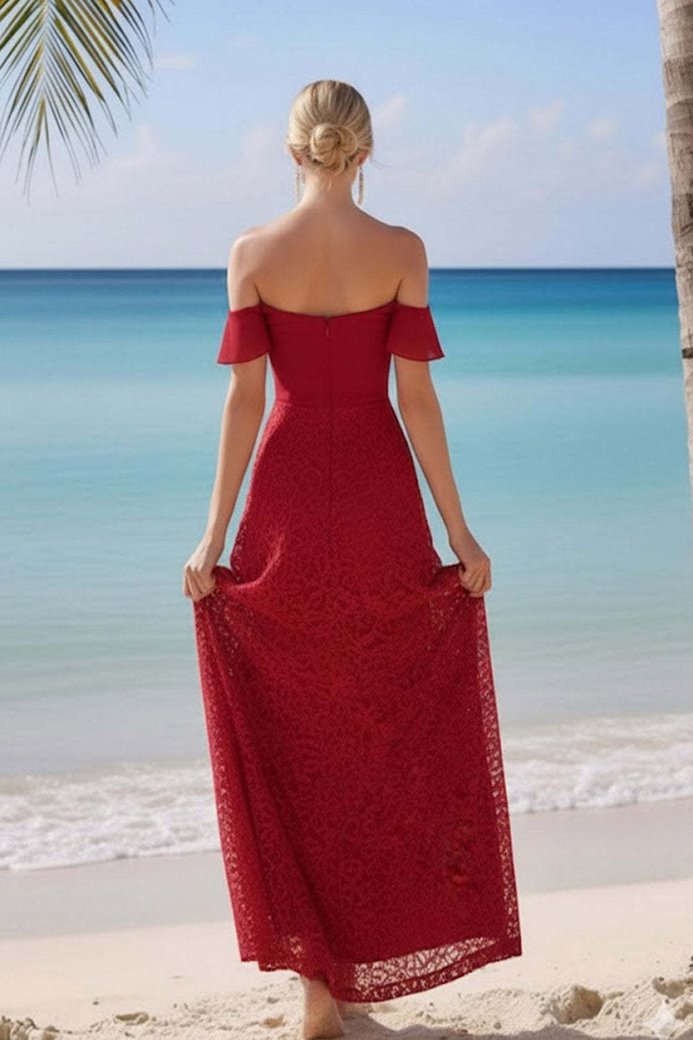Burgundy Lace Off the Shoulder Long Bridesmaid Dress with Slit