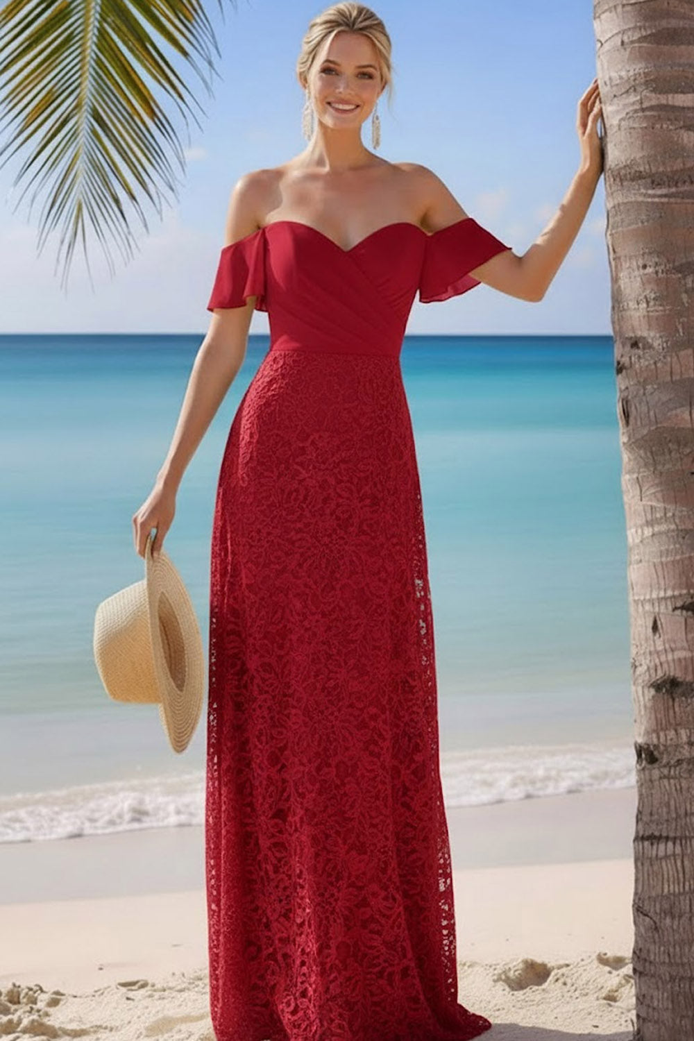 Burgundy Lace Off the Shoulder Long Bridesmaid Dress with Slit