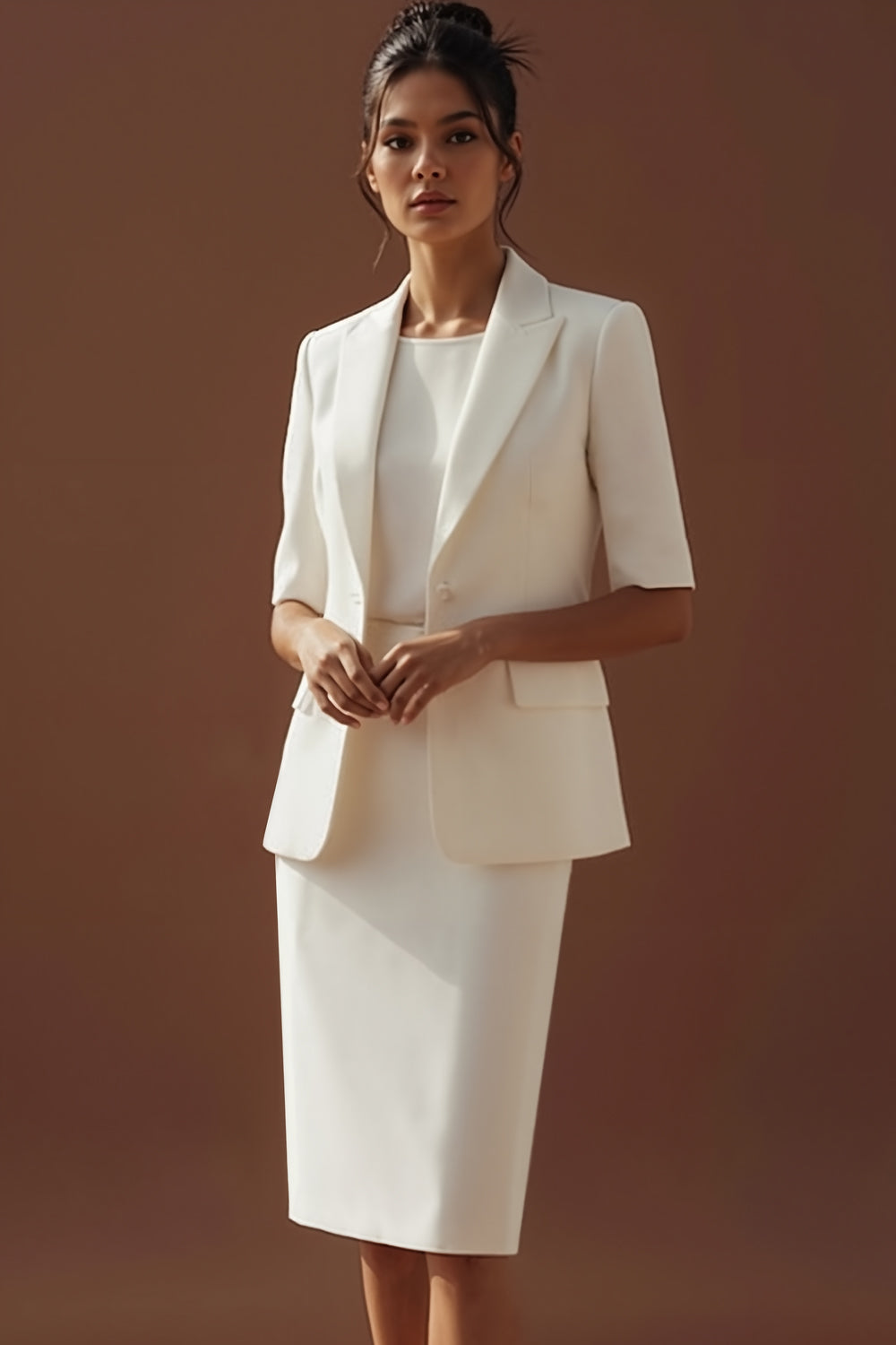 White 2 Piece Peak Lapel One Button Pencil Business Suits with Sleeves