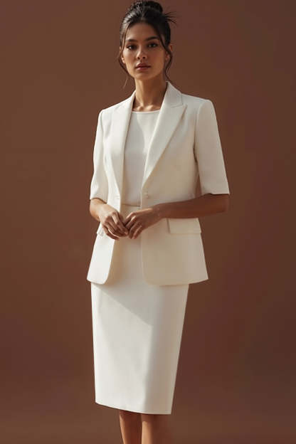 White 2 Piece Peak Lapel One Button Pencil Business Suits with Sleeves