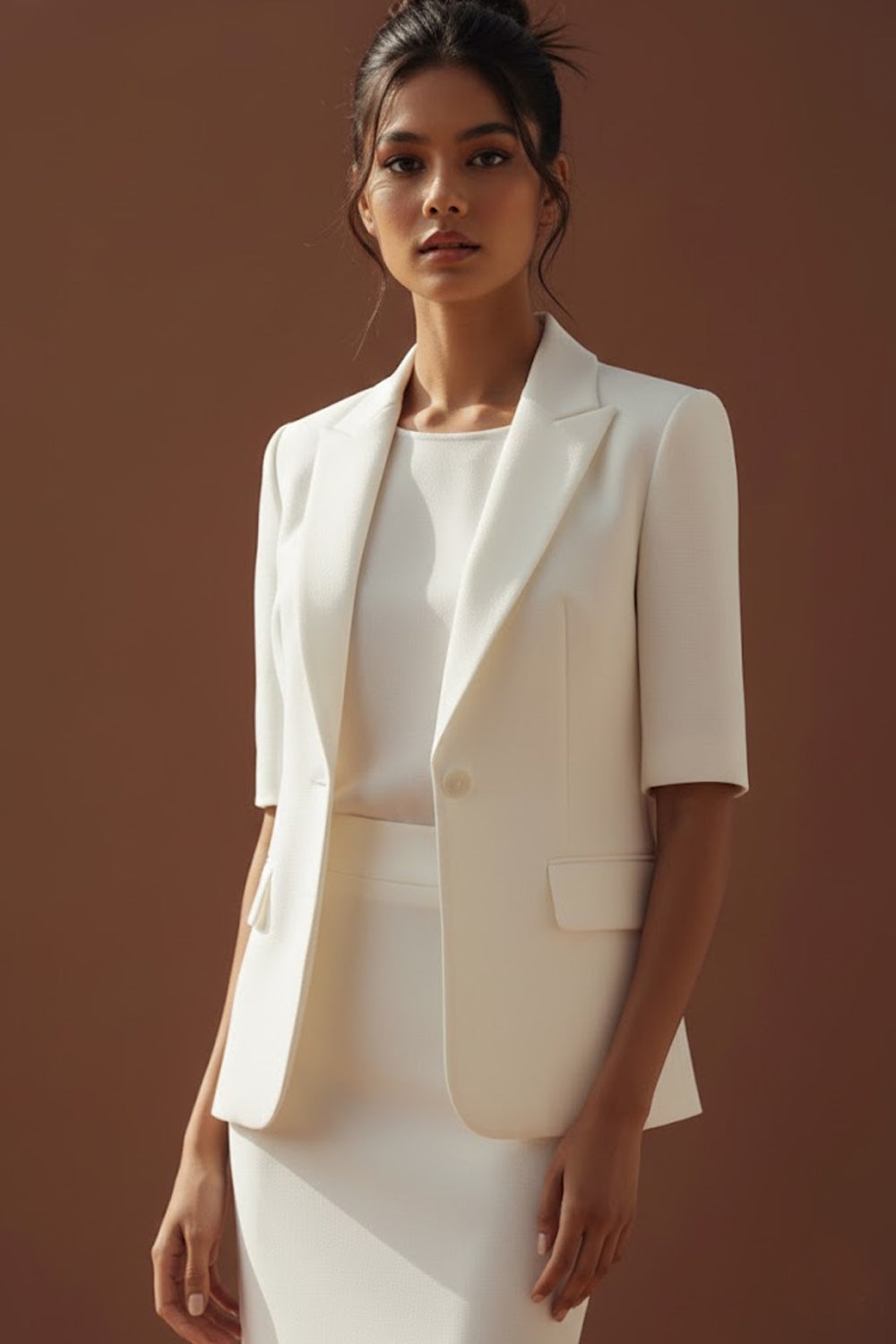 White 2 Piece Peak Lapel One Button Pencil Business Suits with Sleeves