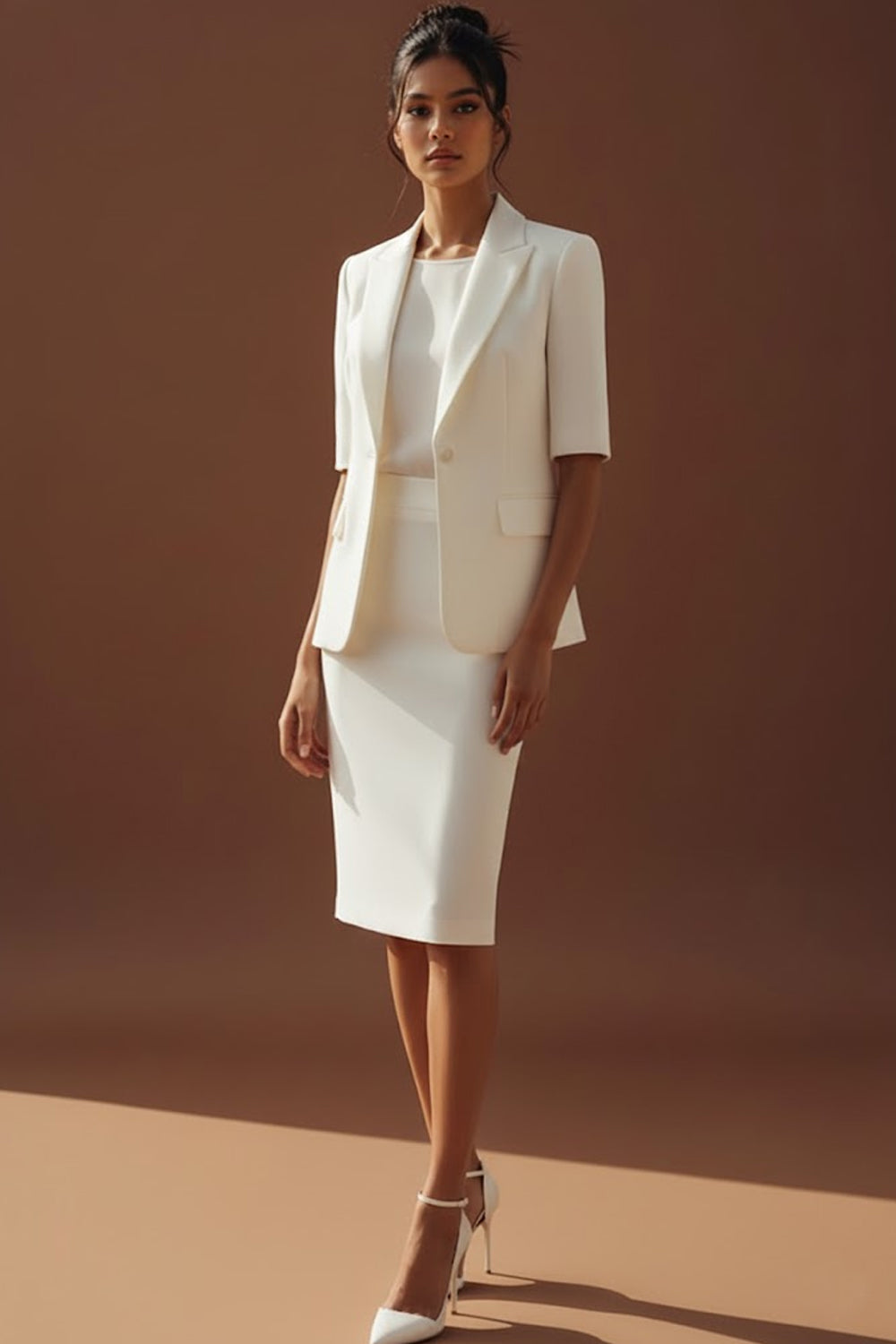 White 2 Piece Peak Lapel One Button Pencil Business Suits with Sleeves