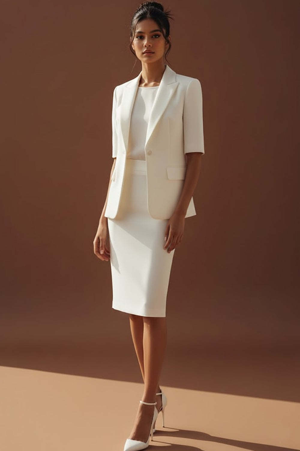 White 2 Piece Peak Lapel One Button Pencil Business Suits with Sleeves