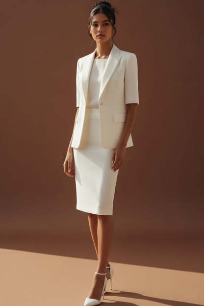 White 2 Piece Peak Lapel One Button Pencil Business Suits with Sleeves