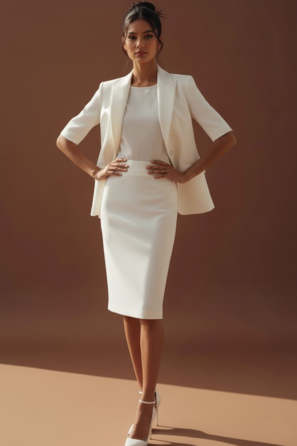 White 2 Piece Peak Lapel One Button Pencil Business Suits with Sleeves