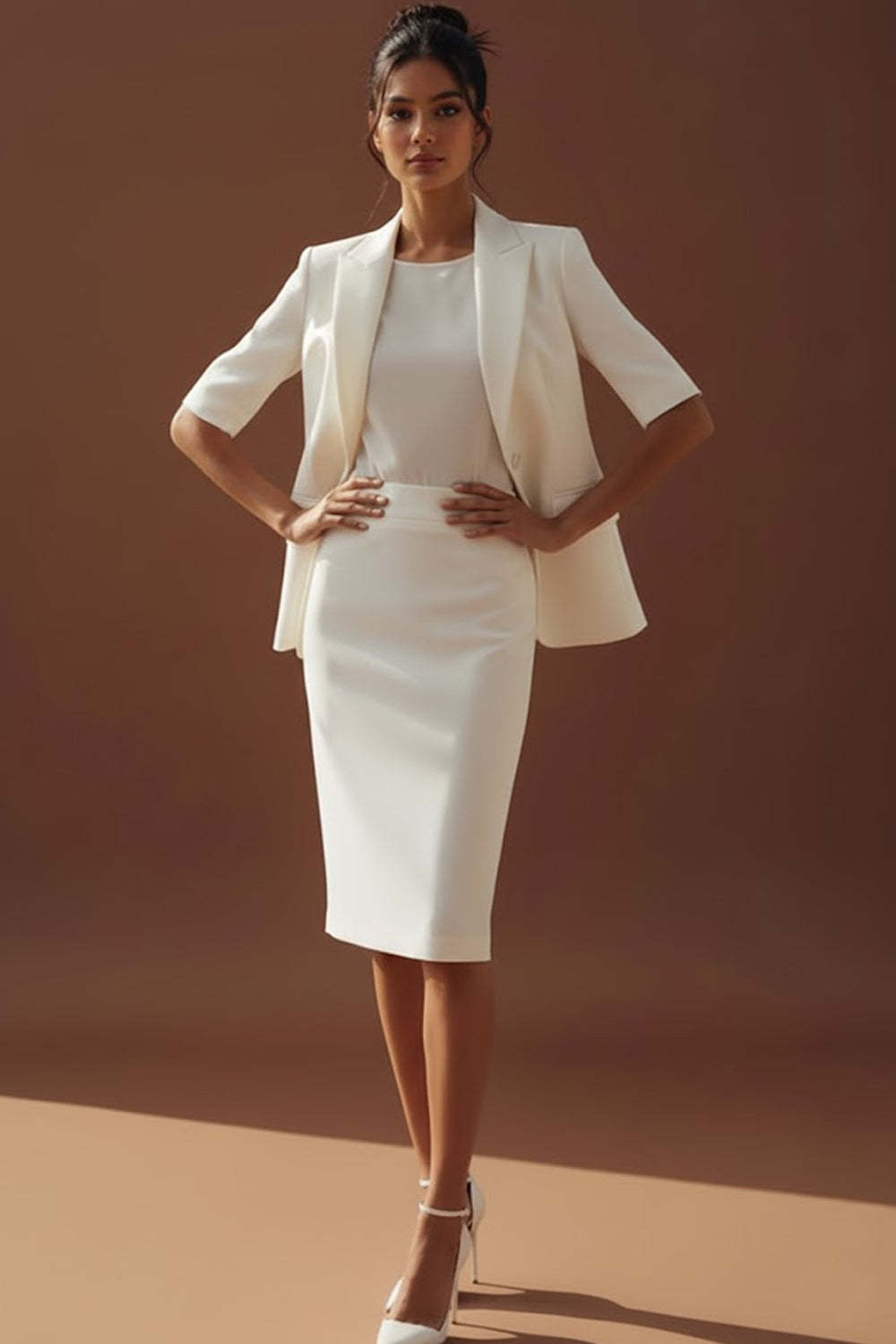 Leely Women White 2 Piece Peak Lapel Pencil Business Suits One Button Midi Formal Suits with Sleeves