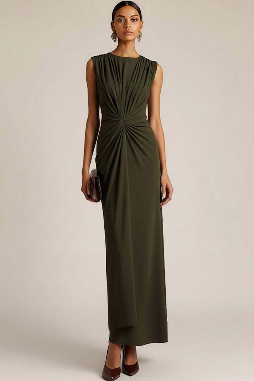 Leely Women Olive Crew Neck Long Formal Dress Ruched Sheath Sleeveless Evening Dress