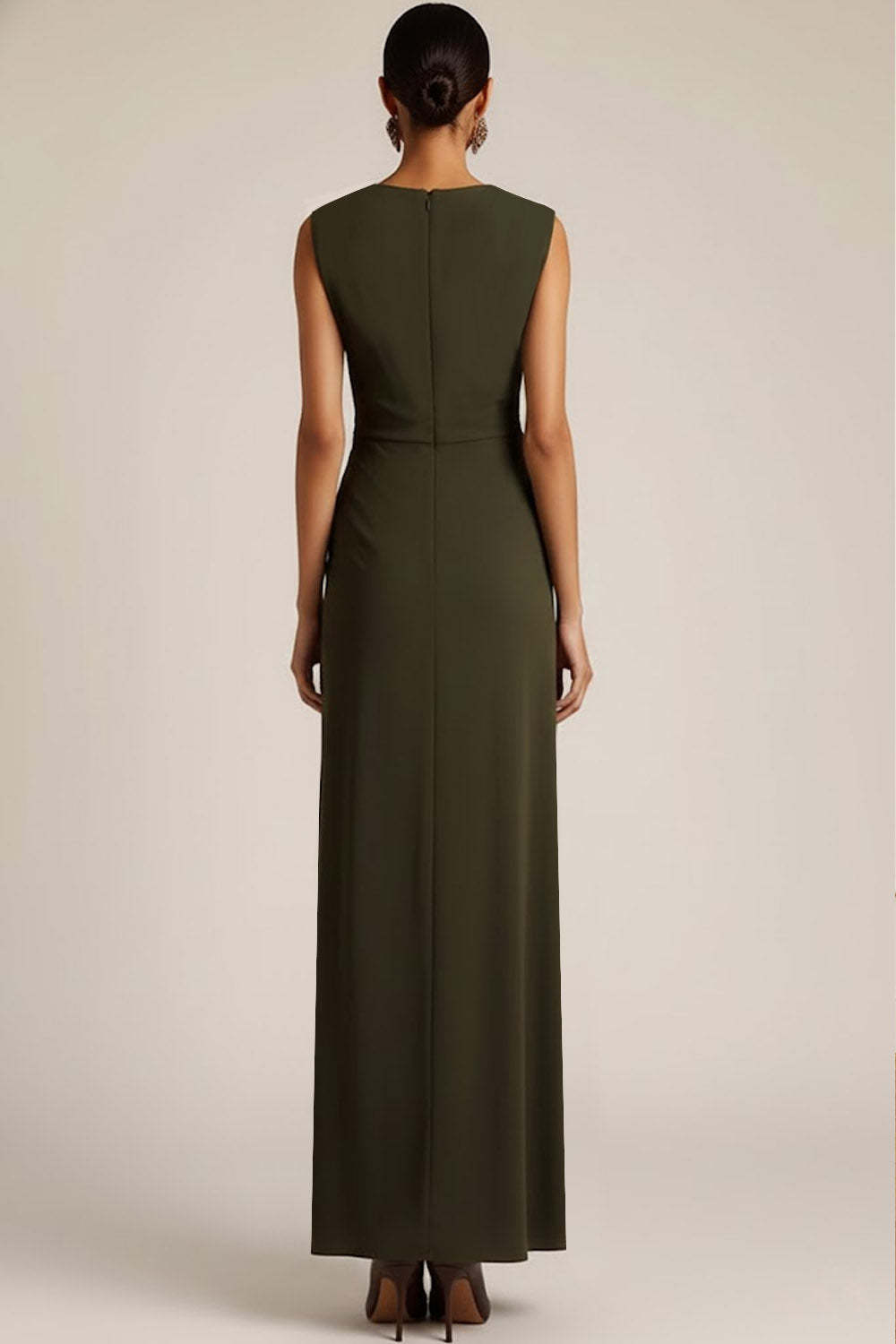 Olive Crew Neck Ruched Sheath Long Formal Dress