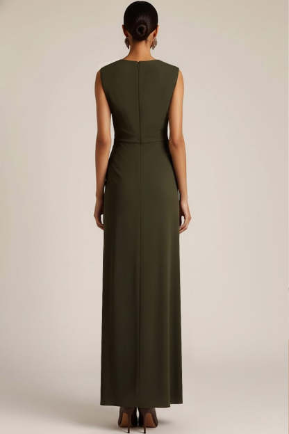 Olive Crew Neck Ruched Sheath Long Formal Dress