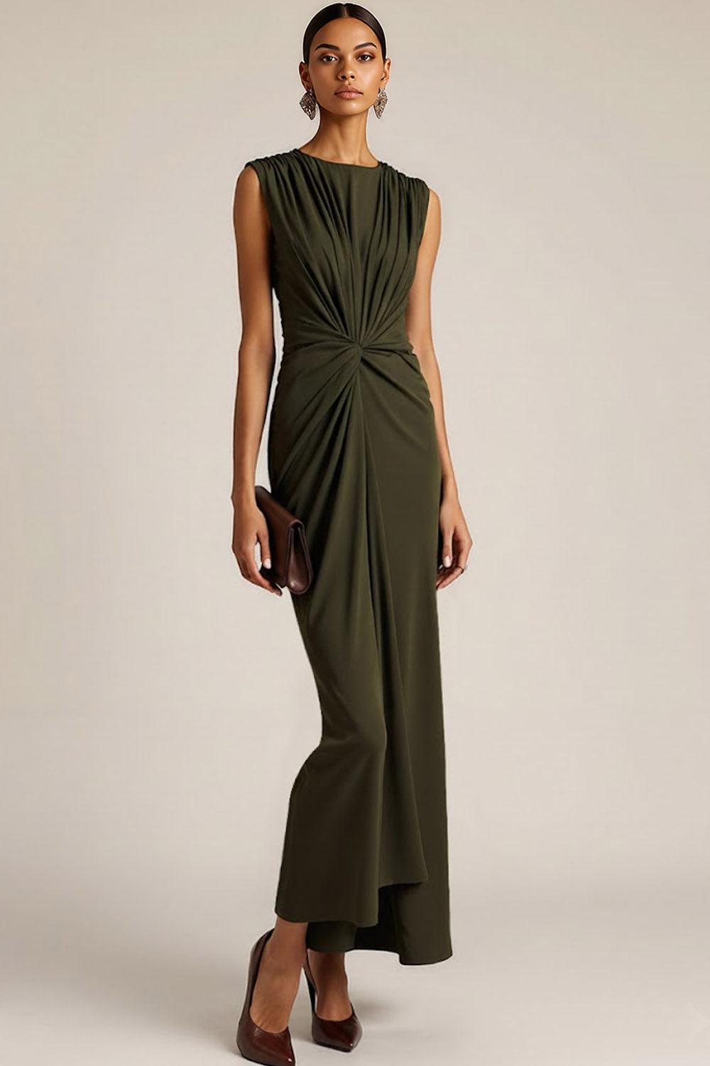 Olive Crew Neck Ruched Sheath Long Formal Dress