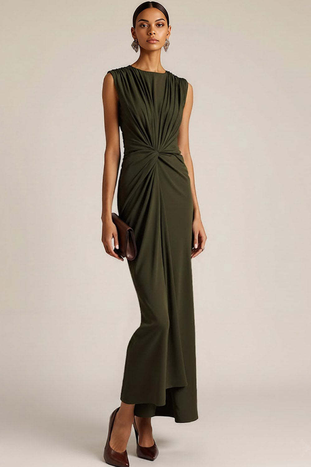 Olive Crew Neck Ruched Sheath Long Formal Dress