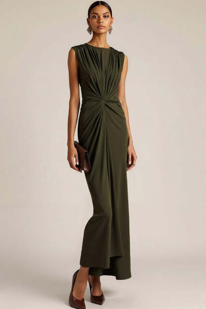 Olive Crew Neck Ruched Sheath Long Formal Dress
