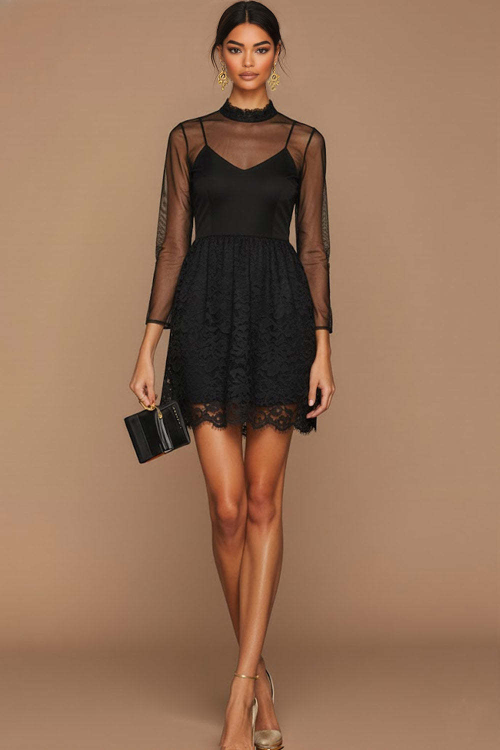 Leely Women Black Lace Short Cocktail Dress with Sleeves Chiffon High Neck A Line Party Dress