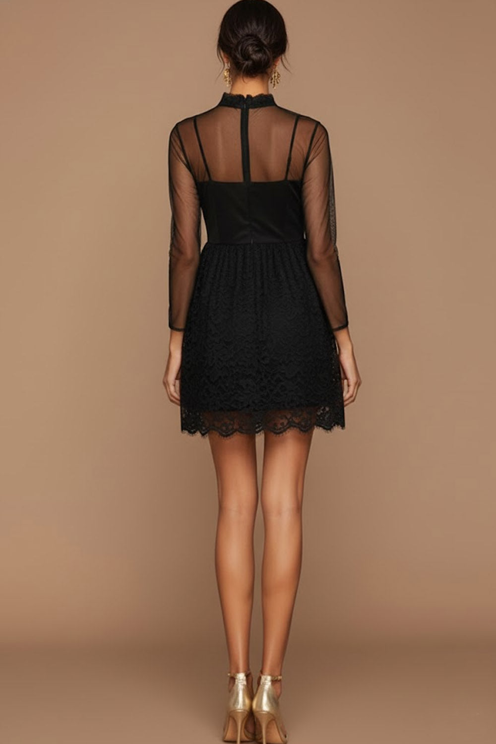 Black High Neck Lace Short Cocktail Dress with Sleeves
