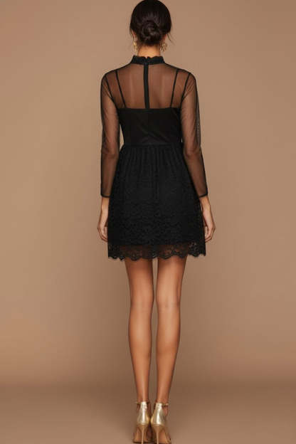 Black High Neck Lace Short Cocktail Dress with Sleeves