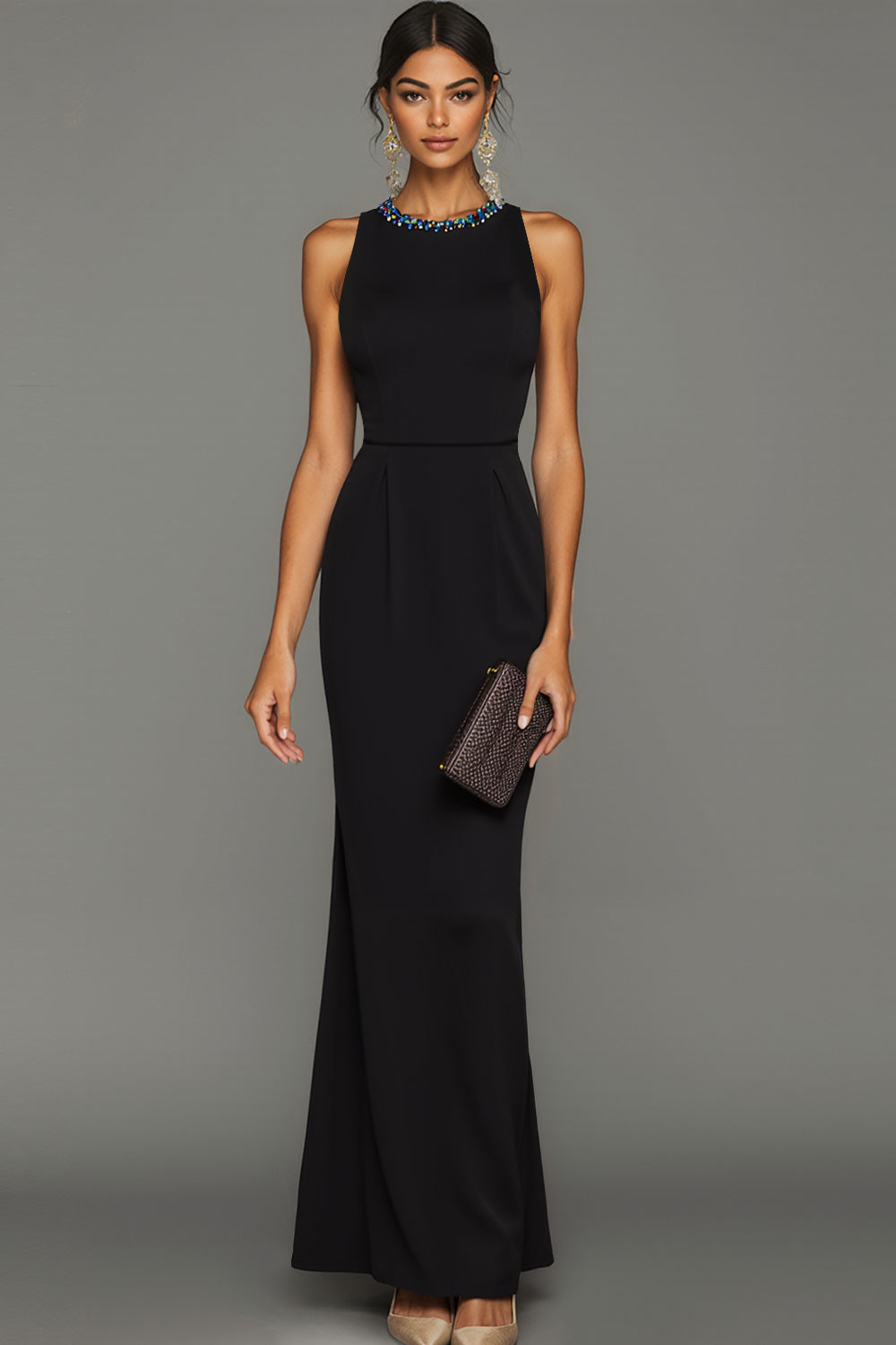 Leely Women Sparkly Black Mermaid Long Formal Dress with Beading Crew Neck Backless Evening Dress