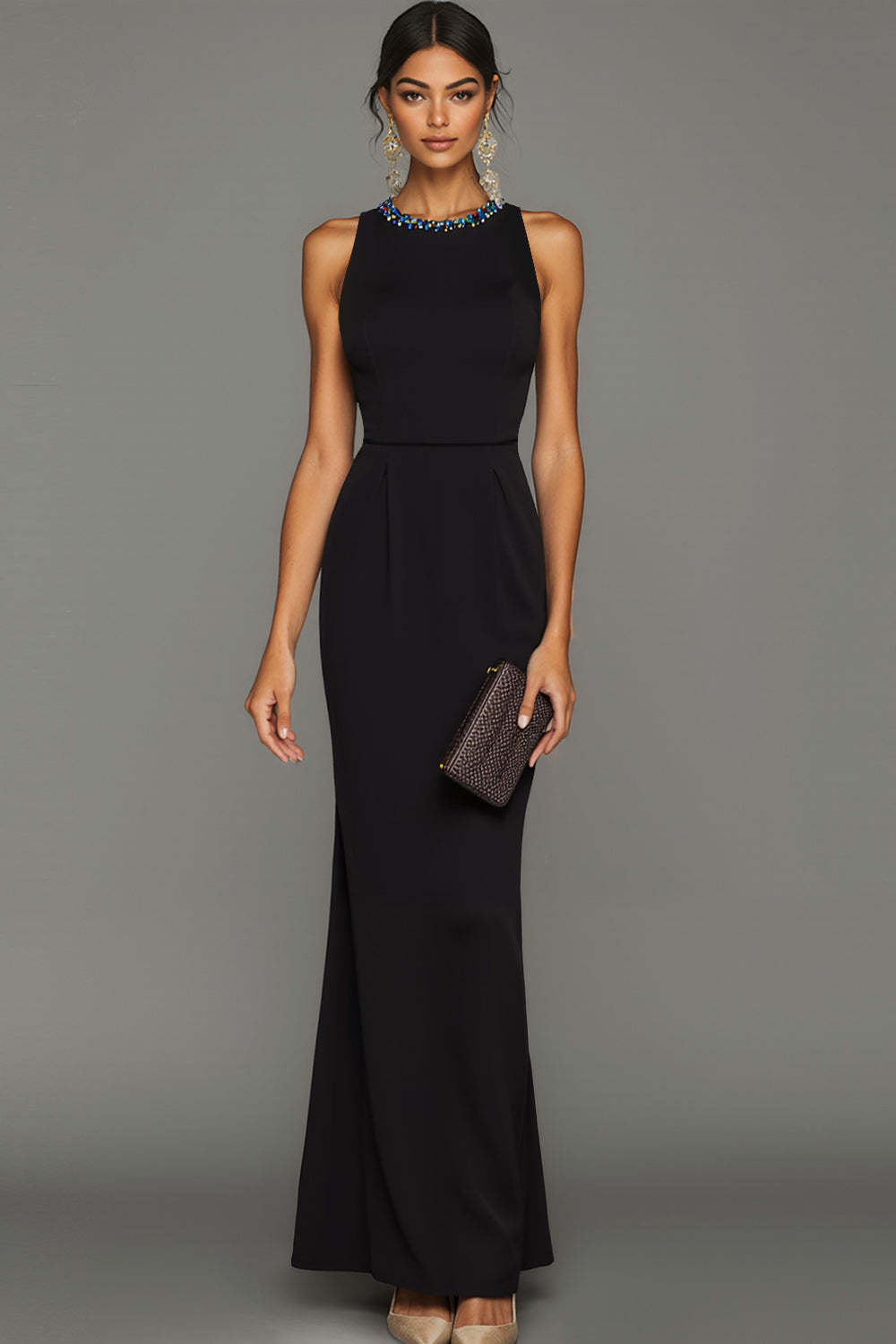 Leely Women Sparkly Black Mermaid Long Formal Dress with Beading Crew Neck Backless Evening Dress