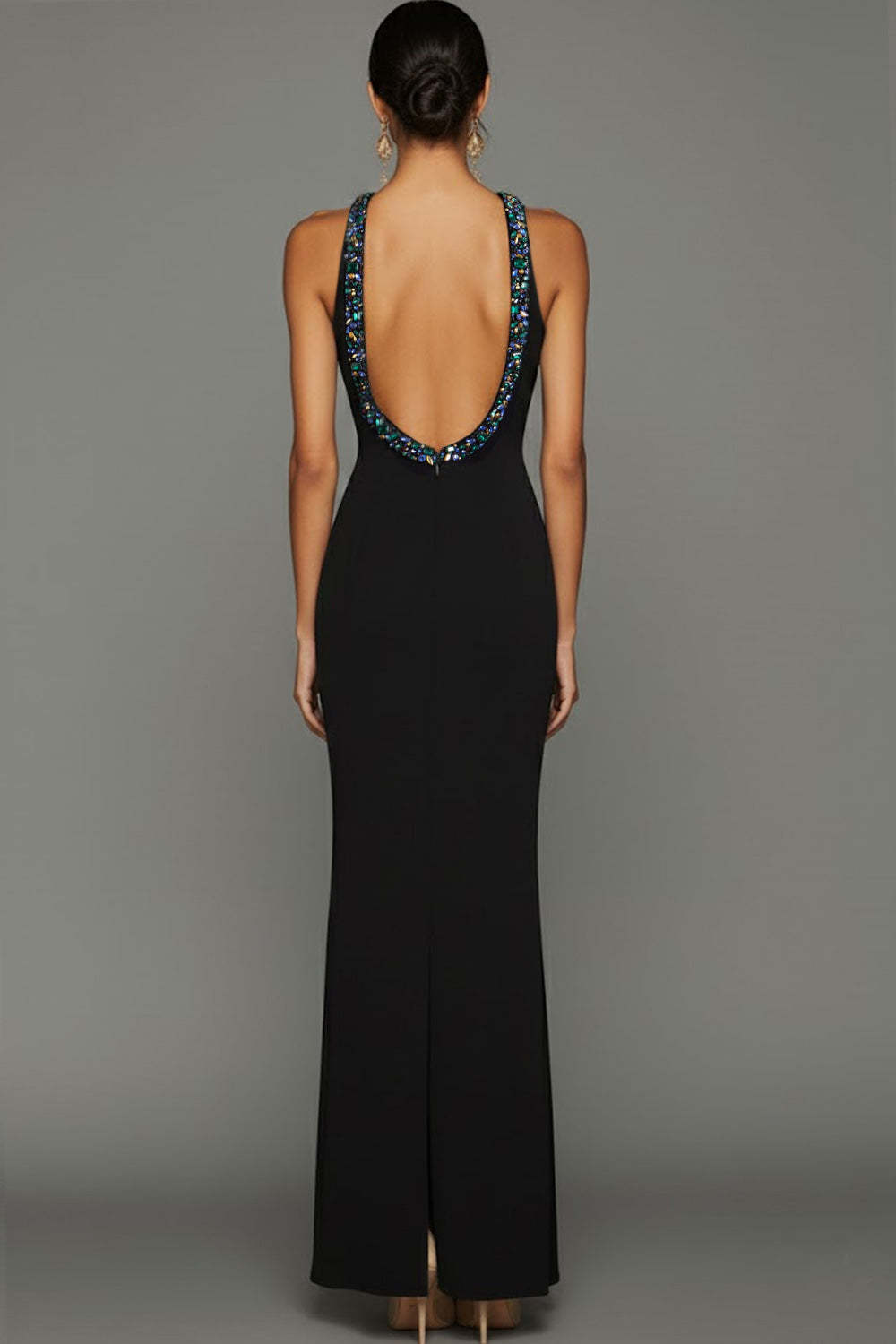 Sparkly Black Crew Neck Mermaid Backless Long Formal Dress with Beading