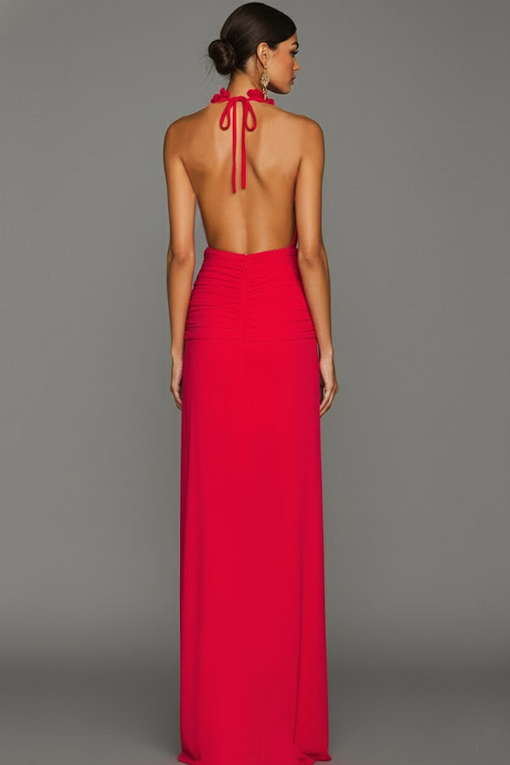 Leely Women Red Halter Neck Long Wedding Guest Dress with Slit Ruffled Chiffon Ruched Backless Sheath Evening Dress Leely Women Red Halter Neck Long Wedding Guest Dress with Slit Ruffled Chiffon Ruched Backless Sheath Evening Dress
