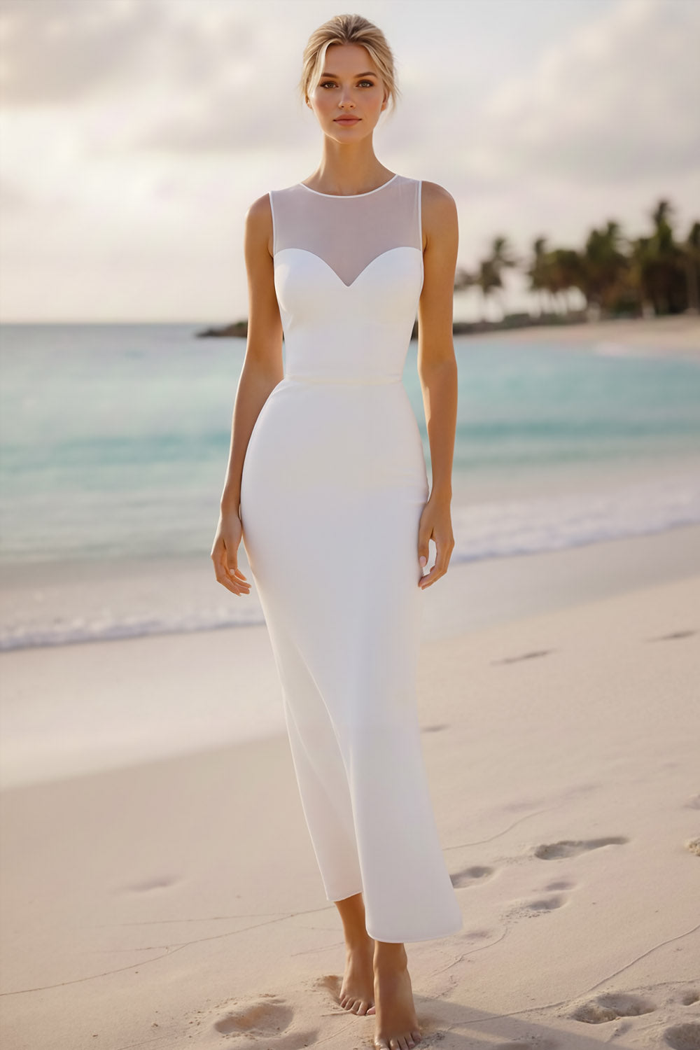 White Crew Neck Sheath Chiffon Long Bridal Dress