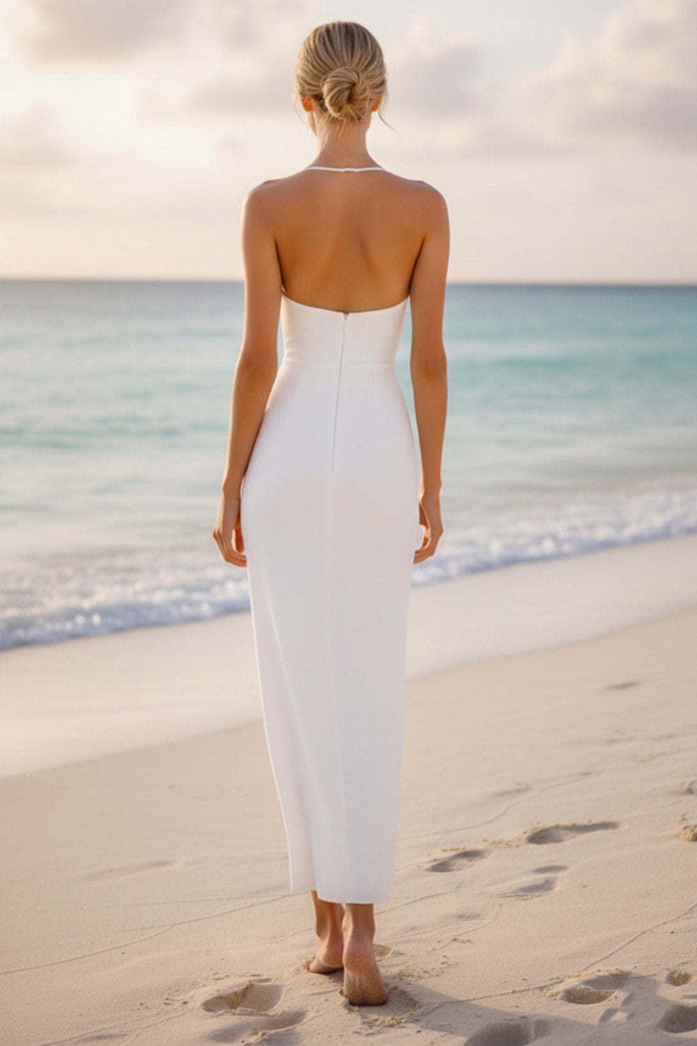 White Halter Neck Sheath Chiffon Long Wedding Reception Dress