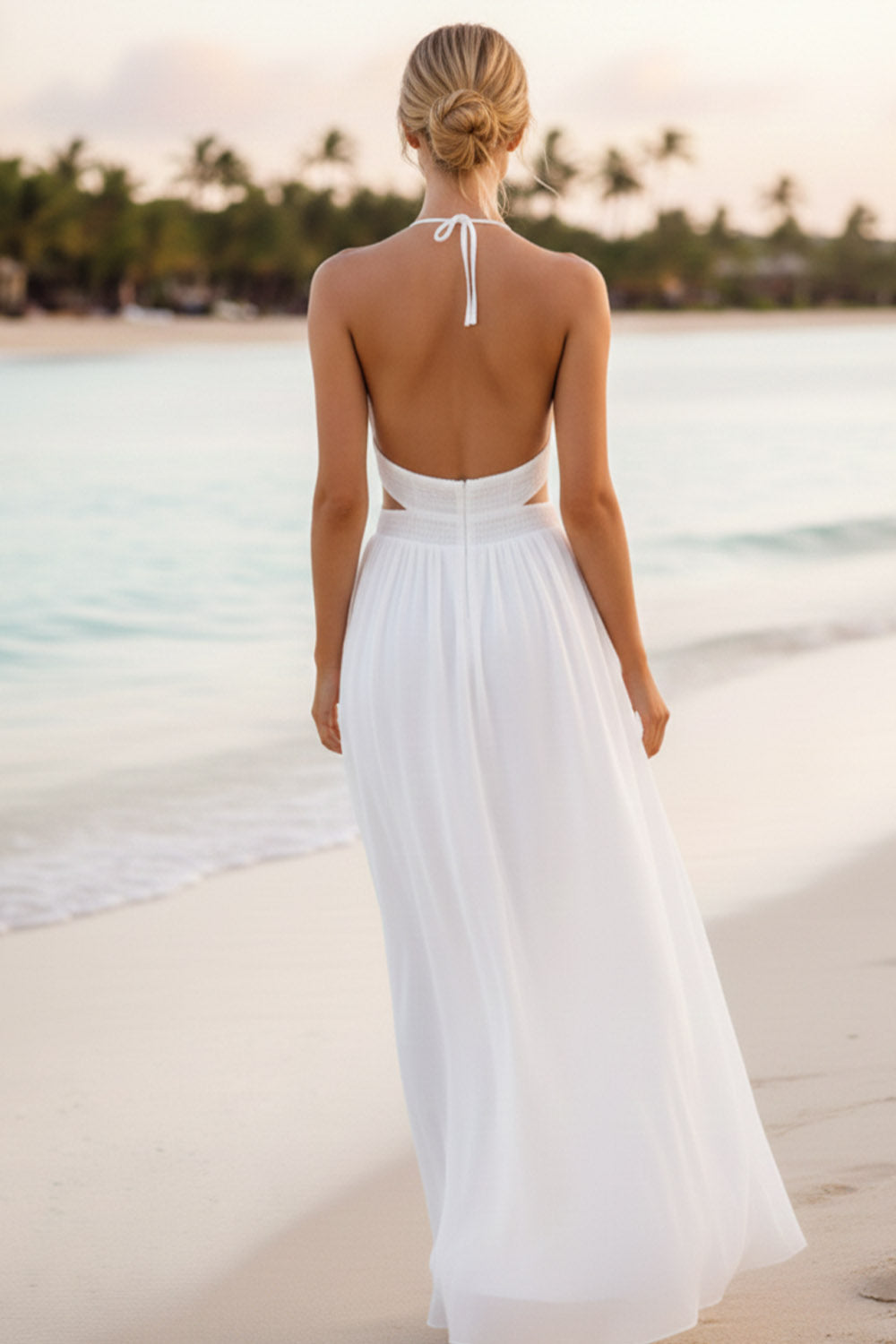 White Halter Neck Cut Out Chiffon Long Bridal Dress