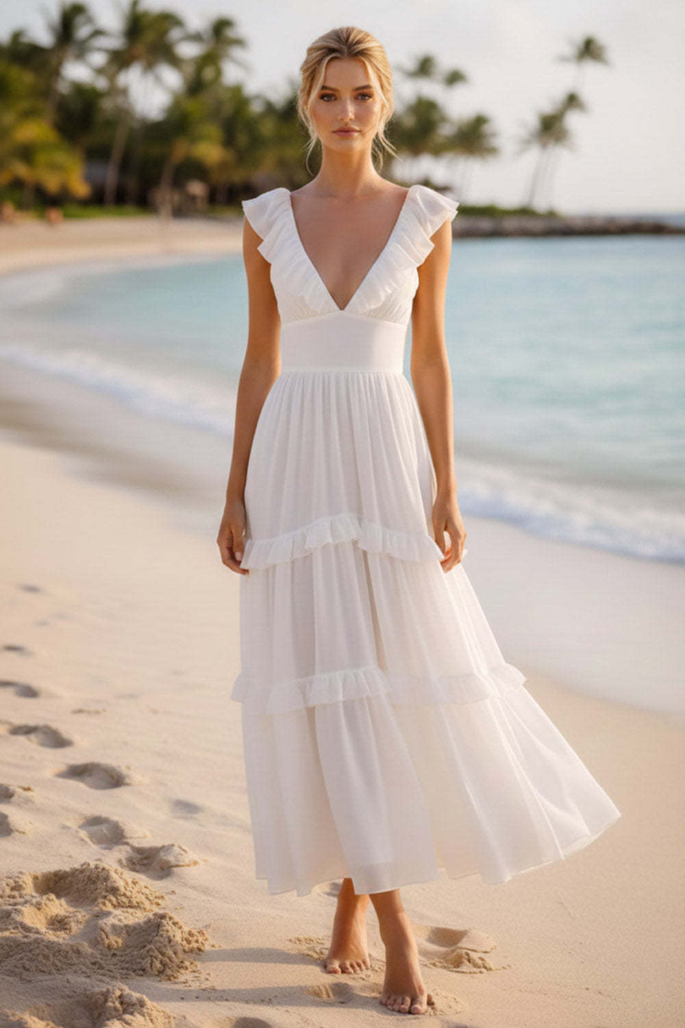 White V-Neck Chiffon Tiered Long Wedding Reception Dress with Ruffles
