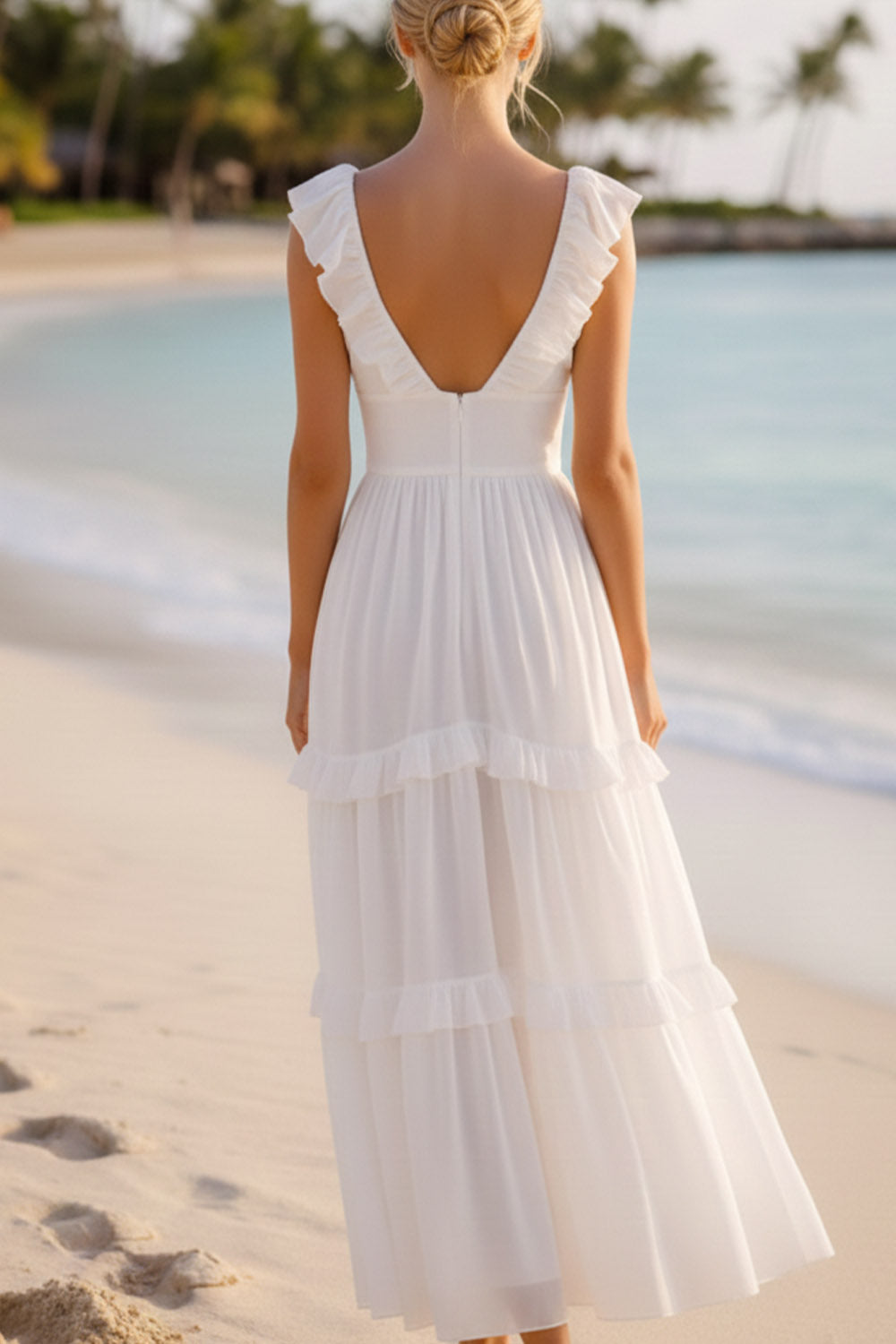 White V-Neck Chiffon Tiered Long Wedding Reception Dress with Ruffles
