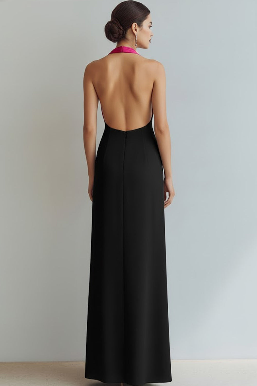 Fuchsia and Black Criss Cross Neck Sheath Long Formal Dress with Slit