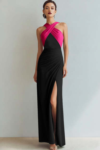 Fuchsia and Black Criss Cross Neck Sheath Long Formal Dress with Slit