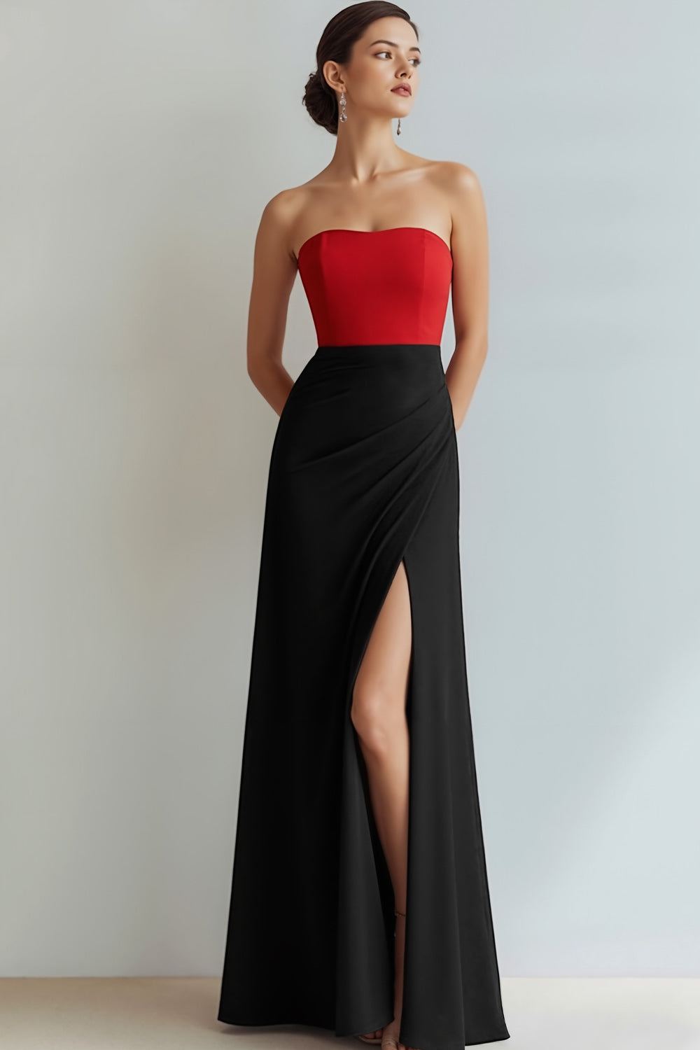 Red and Black Sheath Strapless Long Wedding Guest Dress with Slit