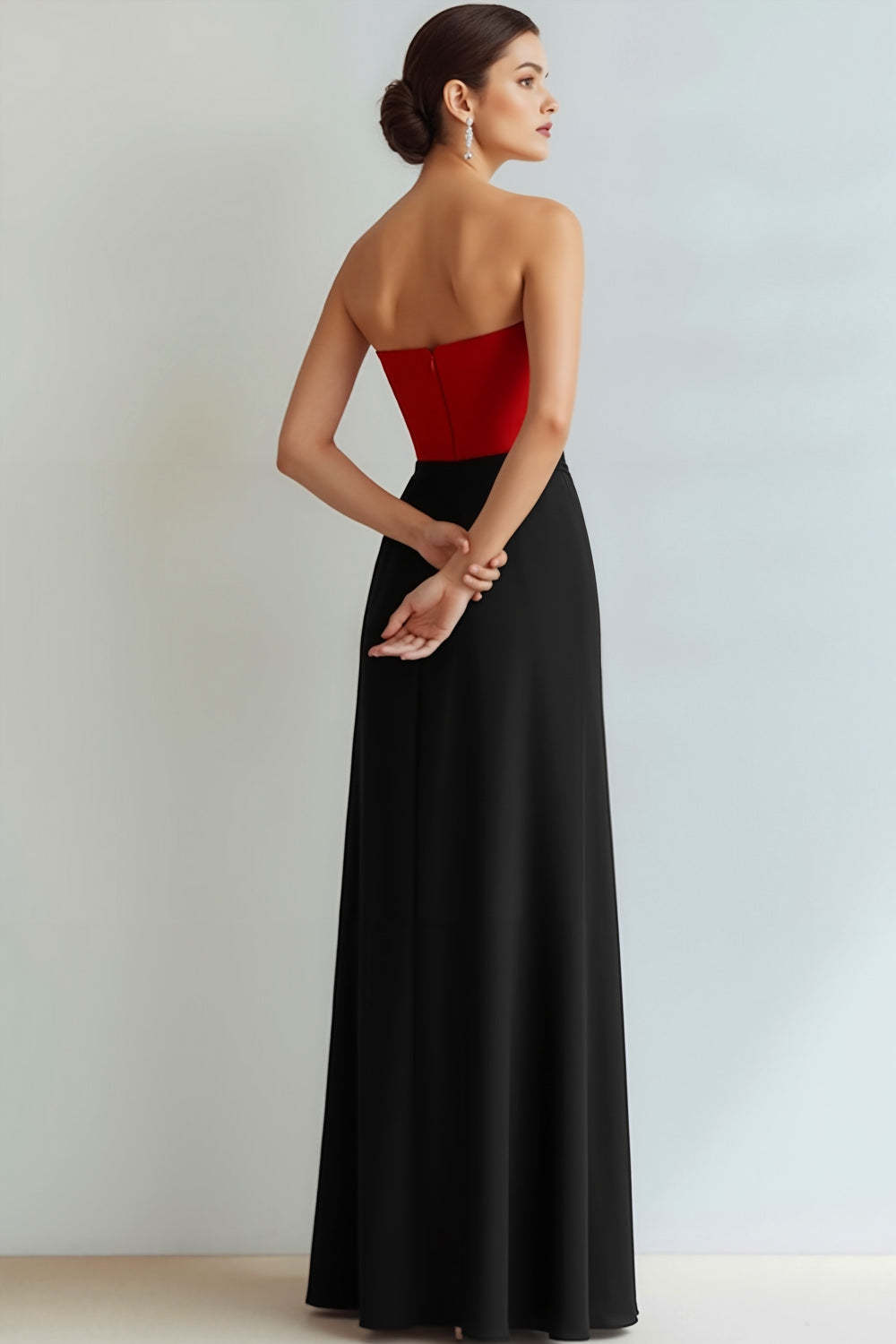 Red and Black Sheath Strapless Long Wedding Guest Dress with Slit